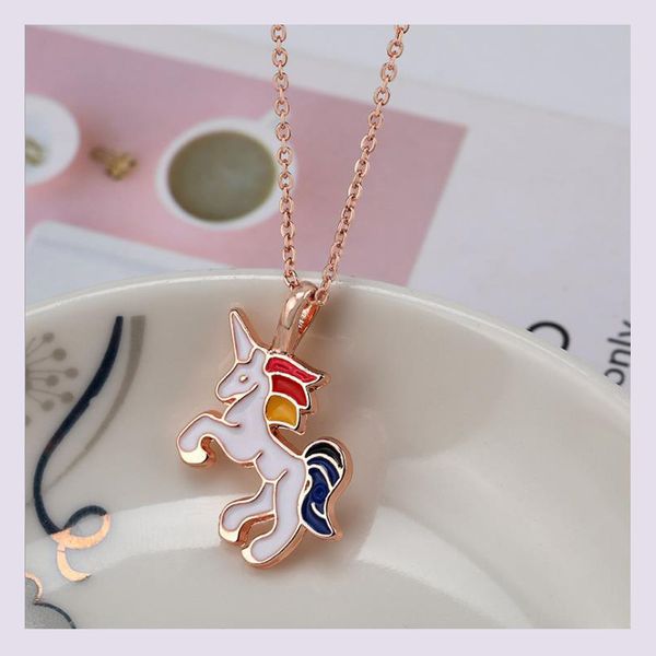 

color unicorn clavicle chain color glaze dripping oil pendant necklace, Silver
