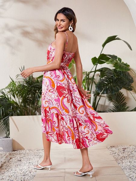 

floral print high low hem belted cami dress k4ve#, Black;gray