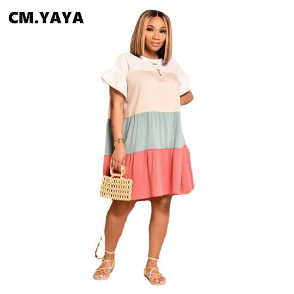 

cm.yaya women midi dress patchwork short sleeve o-neck loose knee length dresses casual fashion vestidos summer outfits 220516, Black;gray