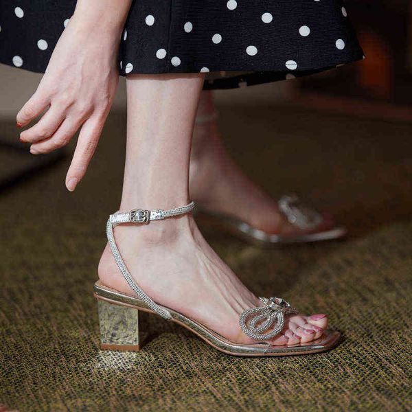 

designer women's shoes boots super fairy bow thick sandal's summer princs one-line belt square head open toe middle heel sandals, Black