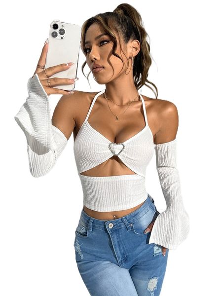 

cut out tie back halter with arm sleeves a0p4#, White