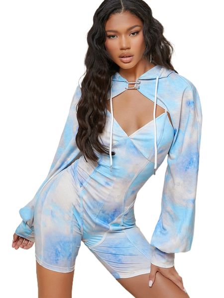 

tie-dye cami bodysuit & rhinestone safety pin bolero set s94q#, Black