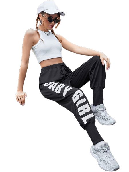 

letter graphic knot waist zipper side sweatpants g9vy#, Black;white