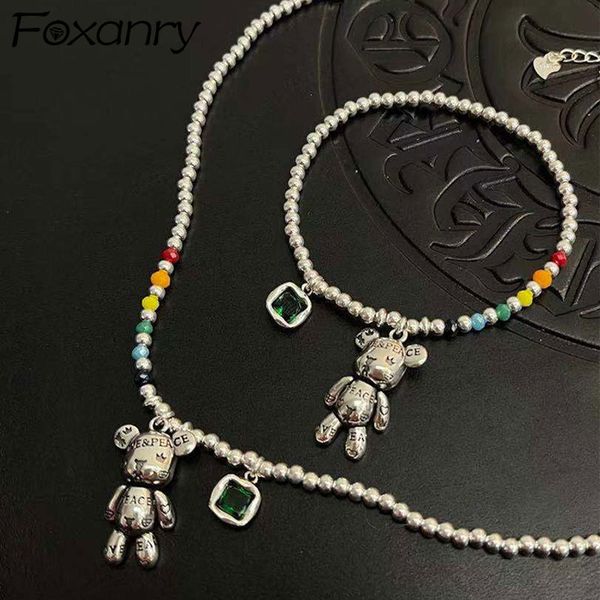 

foxanry 925 stamp necklace bracelet jewelry trend simple string of beads design bear zircon pendant party jewelry 220813, Silver