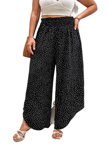 

plus polka dot paperbag waist asymmetrical hem wide leg pants a8n3#, Black