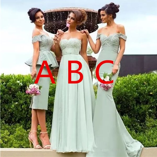 

mixed styles mermaid off shoulder bridesmaid dresses country garden wedding guest party gowns mint green lace appliques chiffon evening gown, White;pink
