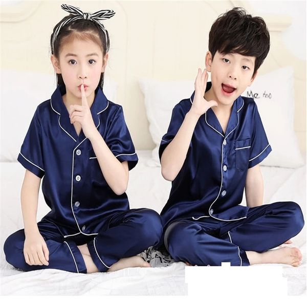 Pijama de cetim de meninas e meninos Conjunto de 2 pe￧as de roupas de noite de seda