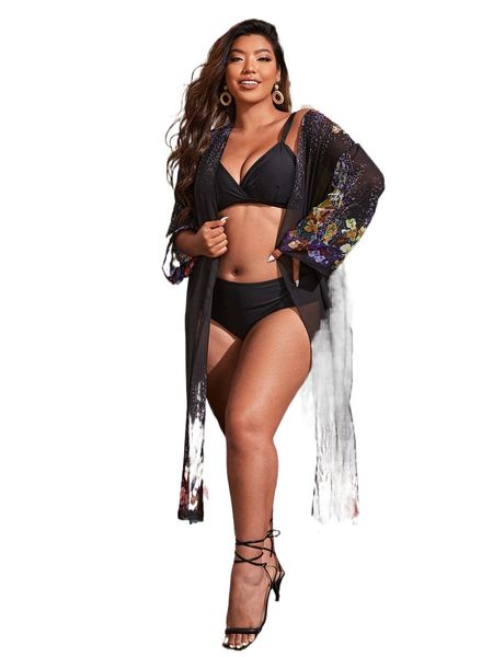 

plus floral print open front kimono r4fm#, Black;gray