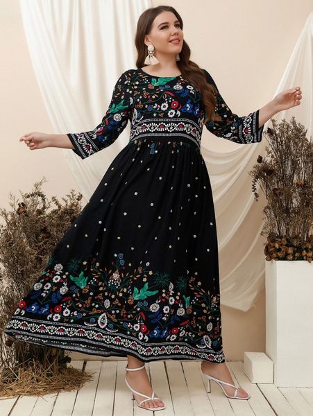 

plus floral print dress 58v5#, Black