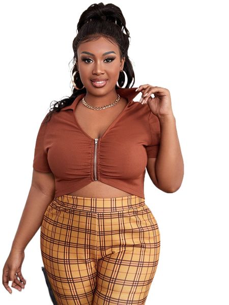 

plus ruched zip front crop tee u1mn#, Black