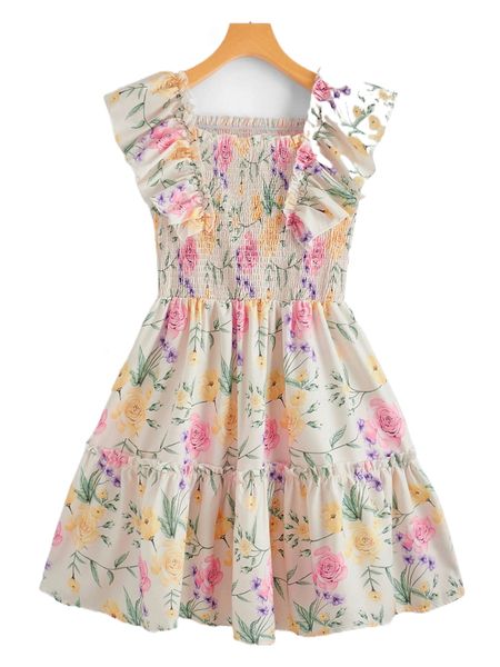 

allover floral print shirred bodice ruffle trim dress g02e#, Black;gray