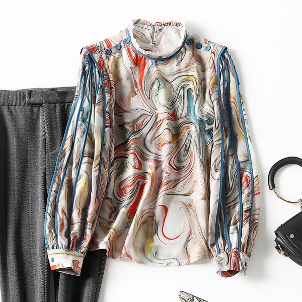 

women's blouses & shirts spring pullover french printed silk mulberry temperament professional long sleeve round neck blouse women fd7v, White