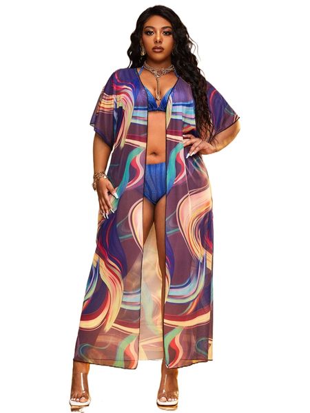 

plus allover print sheer kimono g4kz#, Black;gray
