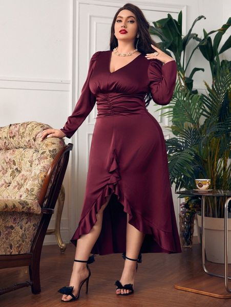 

plus ruffle trim high low dress r723#, Black