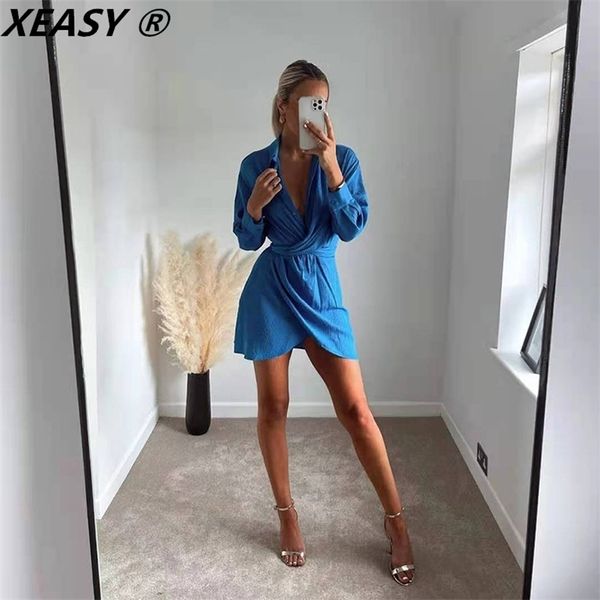

xeasy elegant dresses for women blue long sleeve vintage female casual sashes shirt fashion regular mini 220330, Black;gray