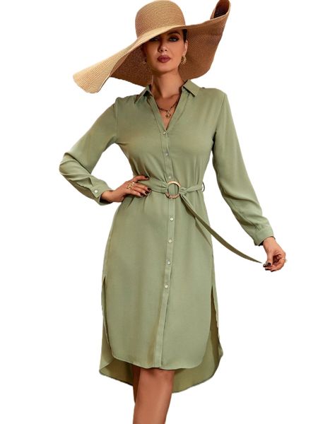 

split side high low hem buckled belted chiffon shirt dress f01p#, Black;gray