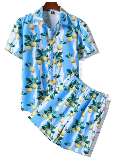 

men random lemon & brush print shirt & shorts 66nm#, Gray