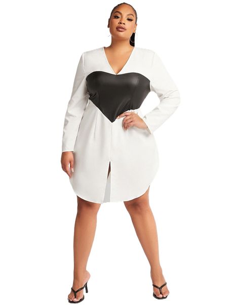 

sxy plus v neck split hem contrast patent dress h0cd#, Black