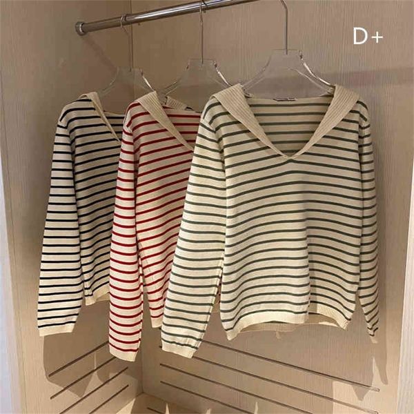 

2022 new special offer early autumn navy stripe v-neck stripe sweater women's long sleeve pullover simple korean top, White