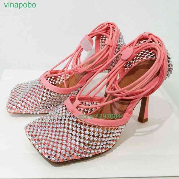

2022 new fashion weave pu leather ankle strap sandals crystal high heels lace up women summer party dress sandalias feminina220513, Black