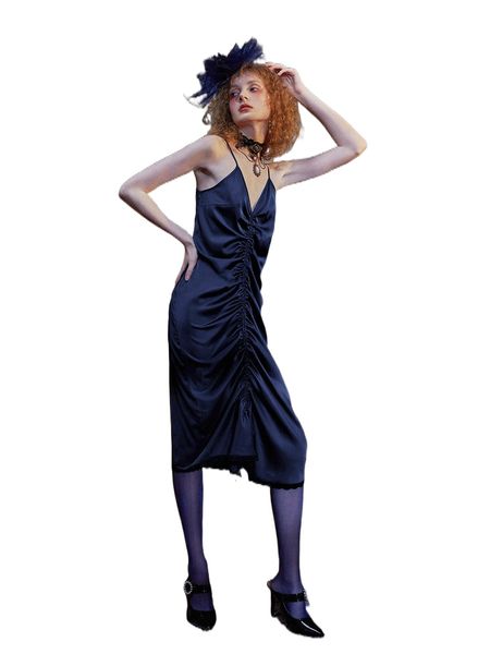 

x reanne wang drawstring ruched front scallop hem cami dress a5g7#, Black;gray