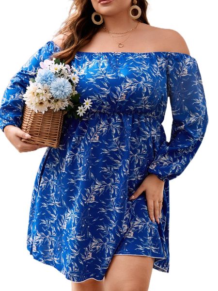 

plus allover plants print off shoulder dress h3c4#, Black