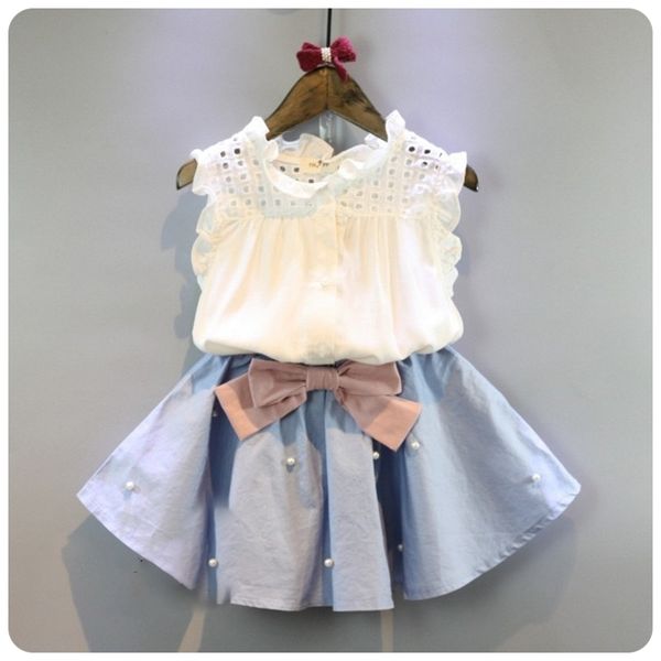 

28 years kids clothes for girls the bow skirt and lace summer suit korean style childrens clothing sets baby toddler set 220616, White
