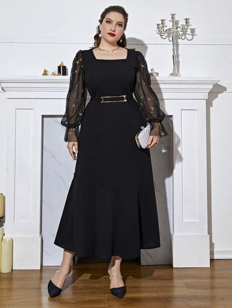 

plus square neck embroidery mesh flounce sleeve ruffle hem belted dress k1hc#, Black