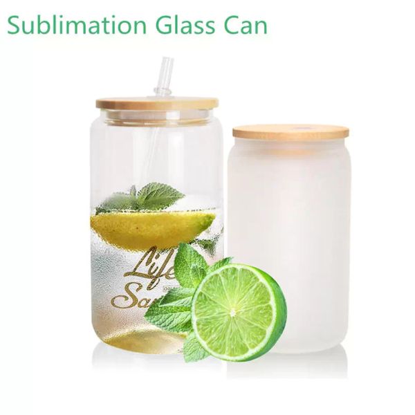 

us warehouse 12oz 16oz sublimation glass beer mugs with bamboo lid straw diy blanks frosted clear can shaped tumblers cups heat transfer coc