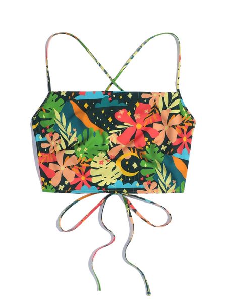 

x kristen knechtel tropical print lace up backless cami t3ru#, White