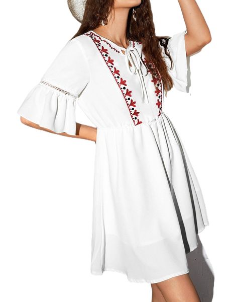 

embroidery tie front flounce sleeve dress v3vh#, Black;gray