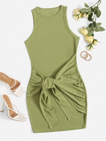 

ruched tie front solid bodycon dress y80k#, Black;gray