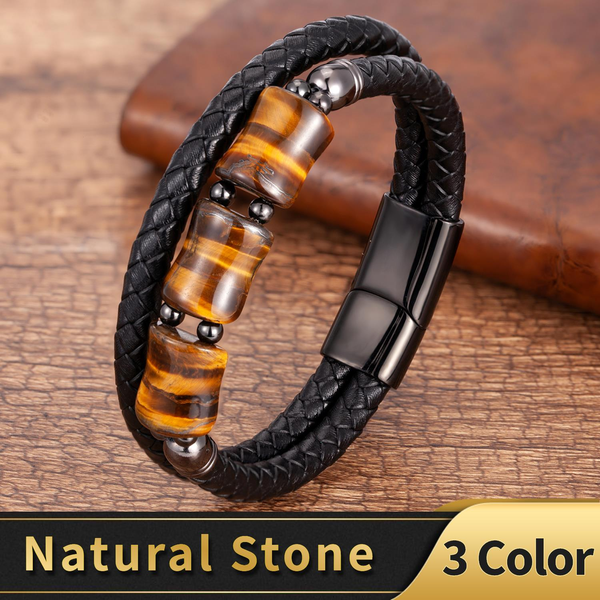 

natural tiger eye bracelet mens strands jewelry stainless steel magnetic clasp, Black
