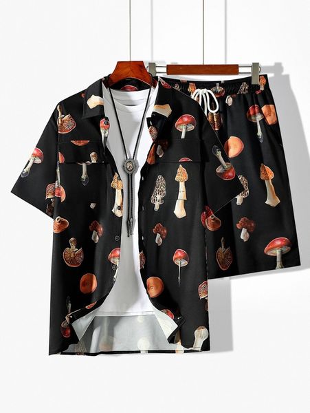 

men random mushroom print shirt & drawstring waist shorts without tee t7zh#, Gray