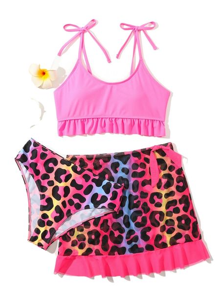 

3pcs leopard ruffle hem bikini swimsuit & beach skirt 60nl#, White;black