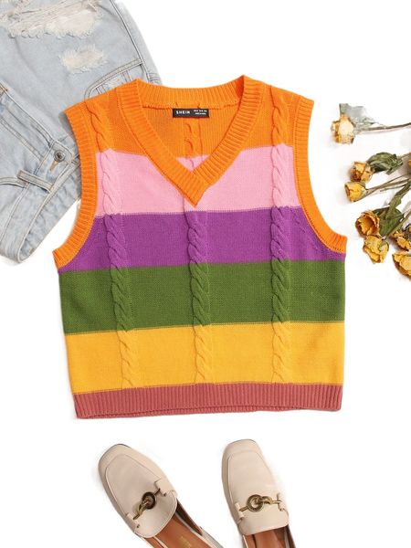 

1pc colorblock cable knit sweater vest 70lq#, White;black