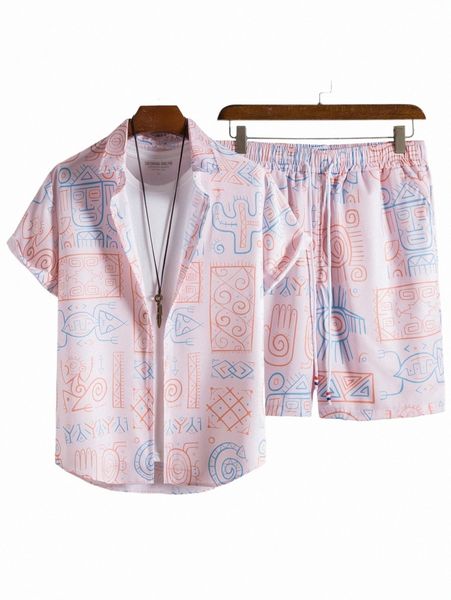 

men random geo print shirt & drawstring waist shorts without tee 04gt#, Gray