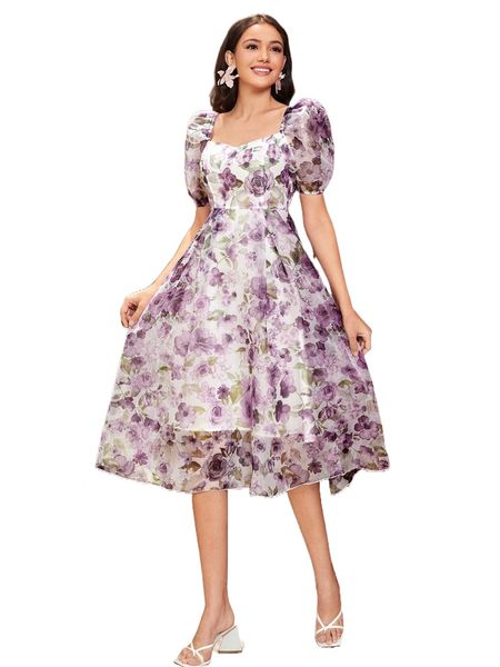 

allover floral print puff sleeve dress e4st#, Black;gray