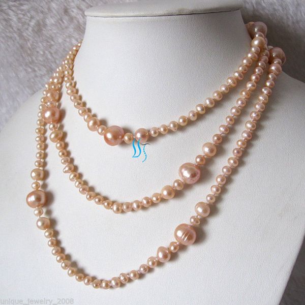 

52inch 6-10mm peach pink graduated freshwater pearl necklack strand jewelry, Silver