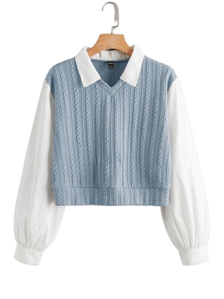 

plus color block lantern sleeve cable knit 2 in 1 blouse w2eu#, Black