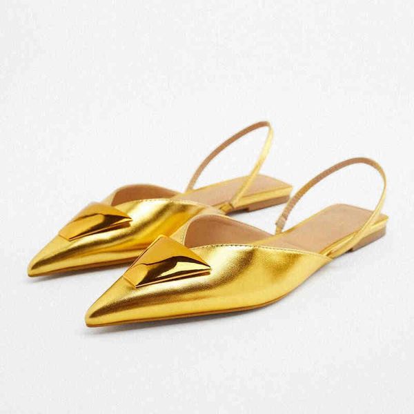 Elbise Ayakkabı Bahar Yeni Metal Süs Kadınlar Ayakkabı Ayak Ayak Ayak Ayak Mavi Yay Tek Ayakkabı Mizaç Rhinestone Düz Altın Sandalet ZA 220810
