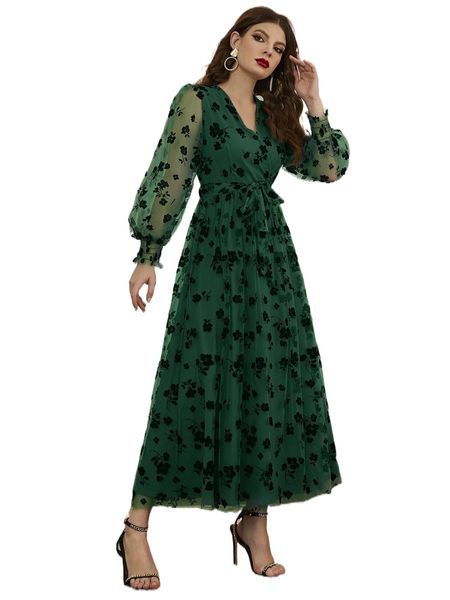 

floral mesh belted surplice front dress p3pz#, Black;gray