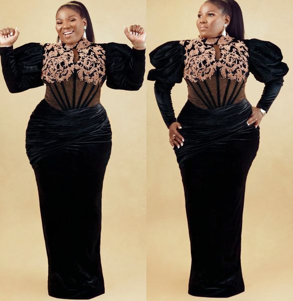 

2022 plus size arabic aso ebi black velvet prom dresses lace sheath evening formal party second reception birthday engagement bridesmaid gow