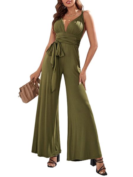 

crisscross backless knot side wide leg jumpsuit n76l#, Black;white