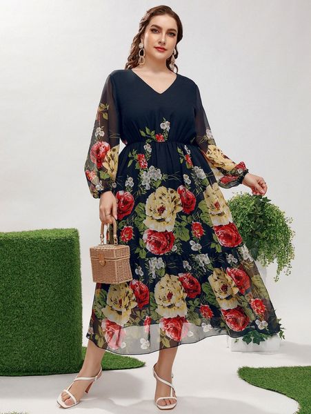 

plus floral bishop sleeve high waist a-line dress e4hv#, Black
