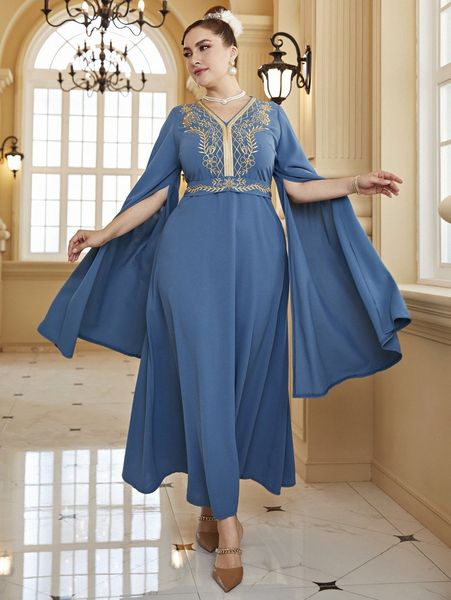 

plus cloak sleeve argyle & floral embroidery dress f4op#, Black