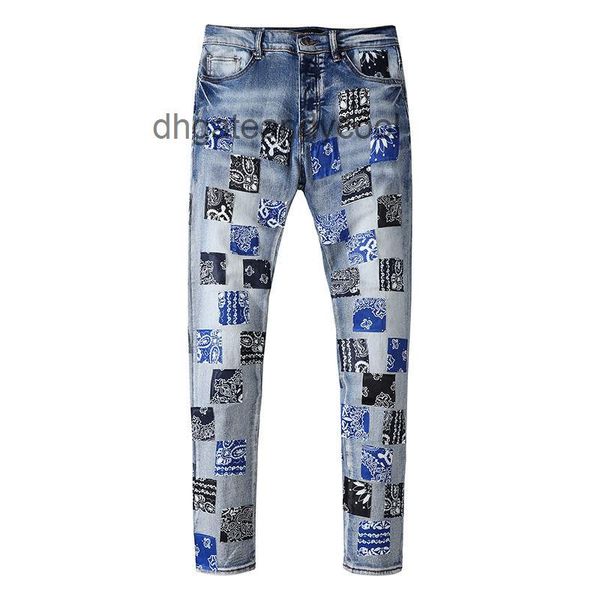 

plaid amirs amiris jeans designer jean mens pant high street cashew blossom square printed hole worn jeans european and american fashion bra, Blue