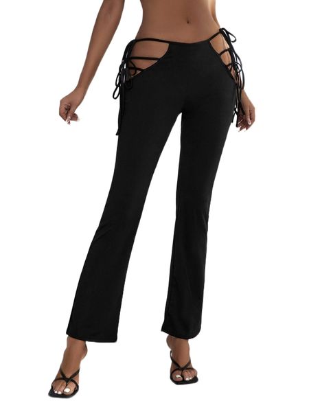 

sxy cut out knot side flare leg pants 28re#, Black;white