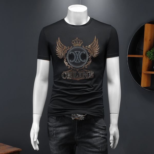 

2022 new personality diamond letter printing t-shirt mercerized cotton short-sleeved heavy craft trend bottoming shirt, White;black