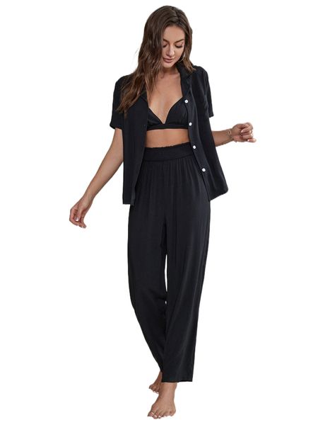 

patched pocket shirred waist lounge set with bralette s2qx#, Black;red